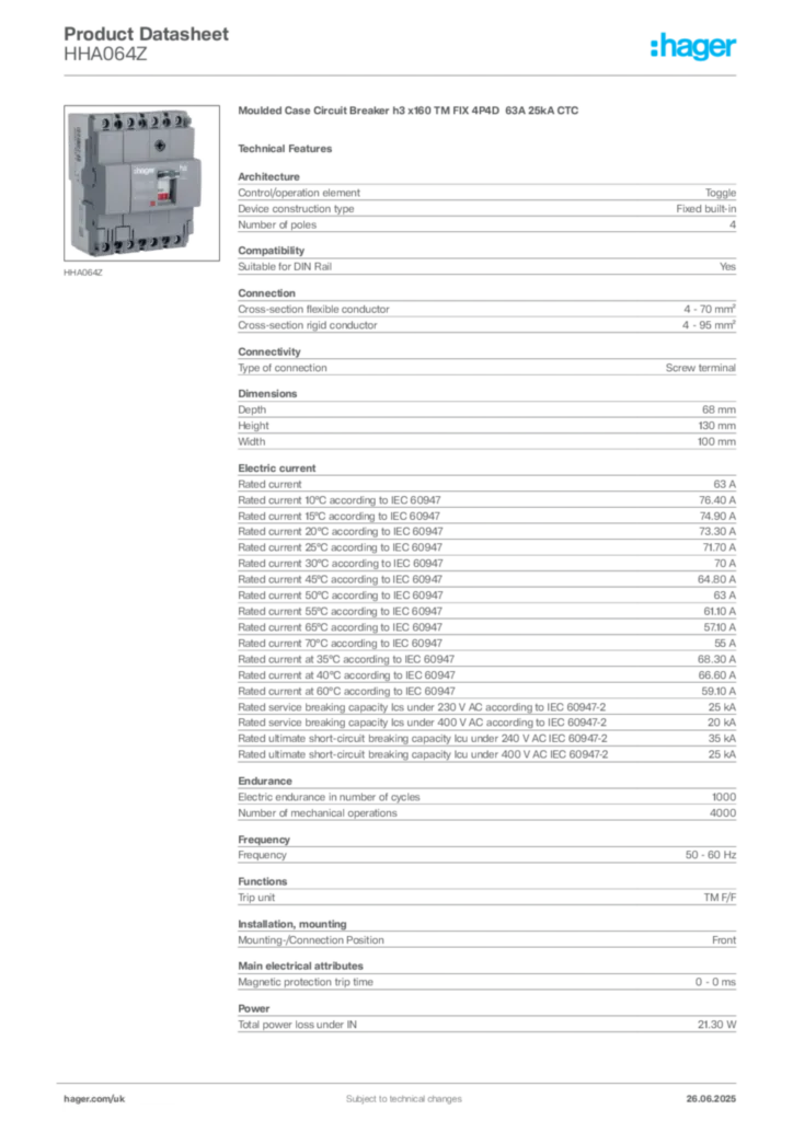 Image Hager Product data sheet HHA064Z  | Hager