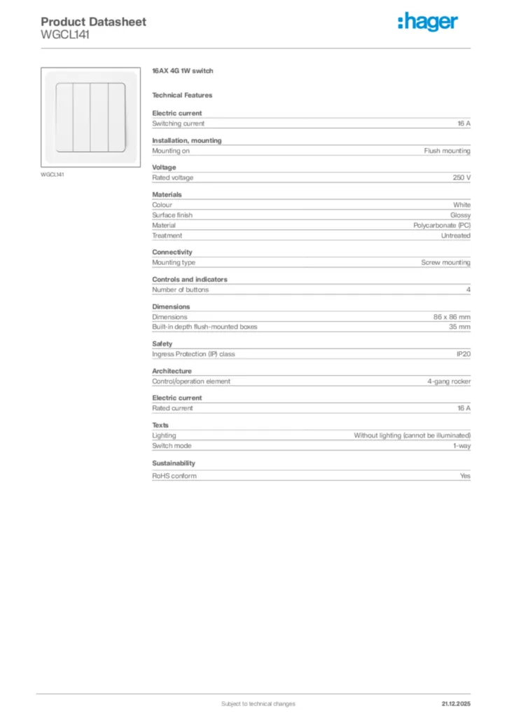 Image Hager Product data sheet WGCL141  | Hager