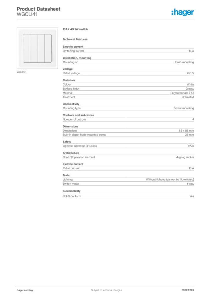 Image Hager Product data sheet WGCL141  | Hager