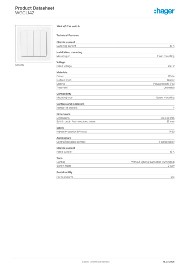 Image Hager Product data sheet WGCL142  | Hager