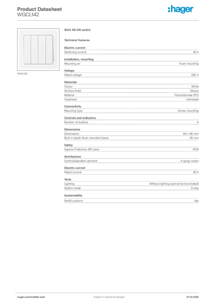 Image Hager Product data sheet WGCL142  | Hager
