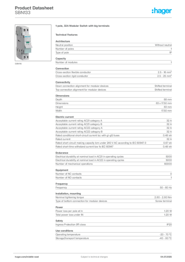 Image Hager Product data sheet SBN133  | Hager