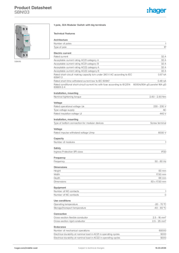 Image Hager Product data sheet SBN133  | Hager