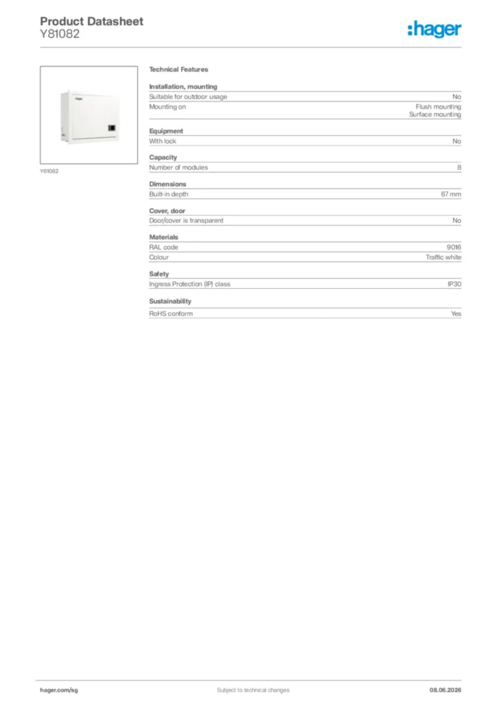 Image Hager Product data sheet Y81082  | Hager