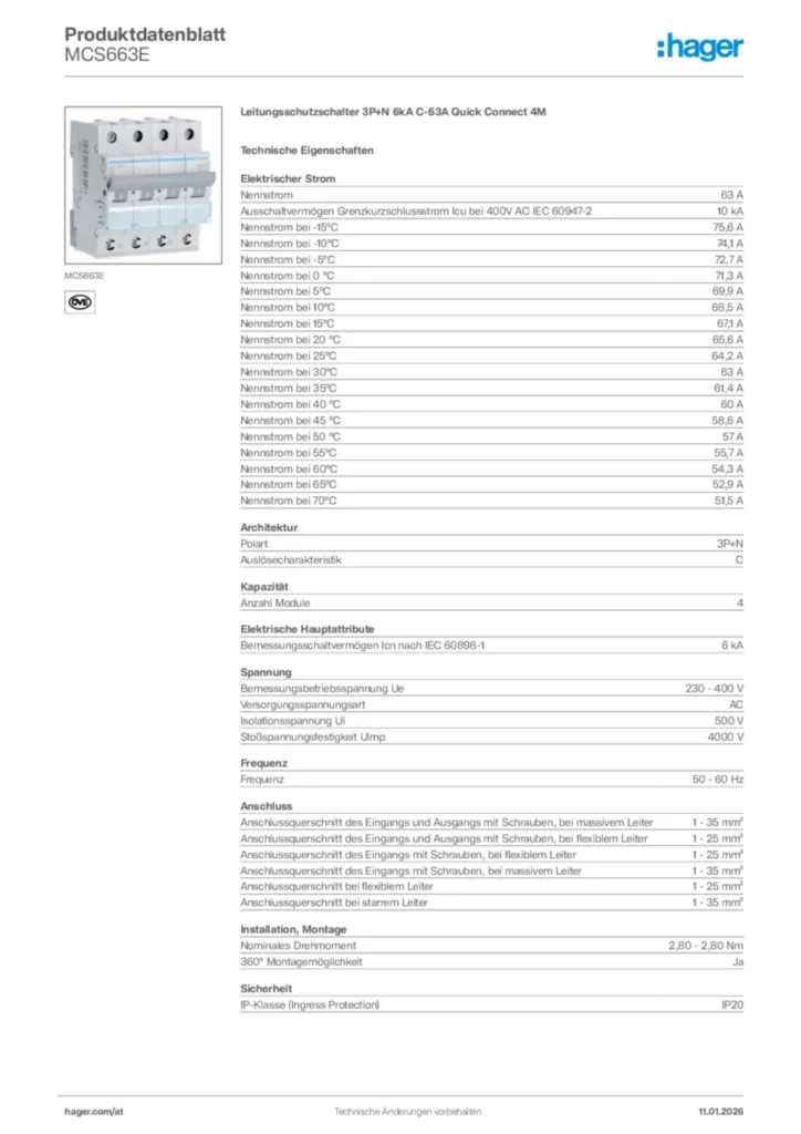 Bild Hager Produktdatenblatt MCS663E | Hager Deutschland