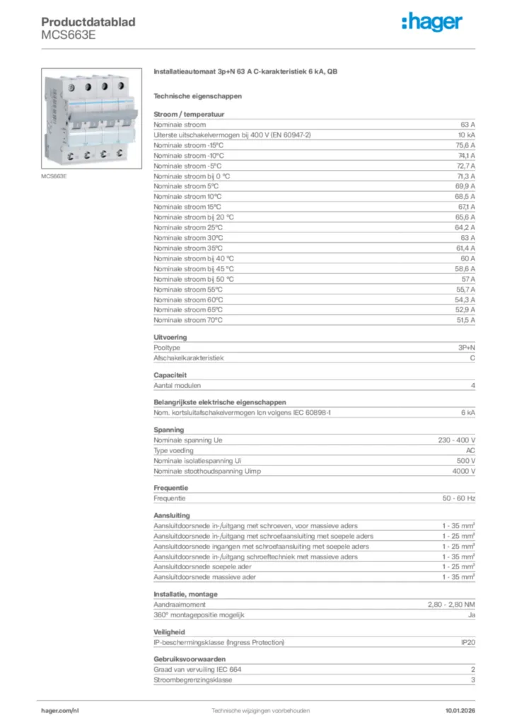 Afbeelding Hager Productdatablad MCS663E | Hager Nederland
