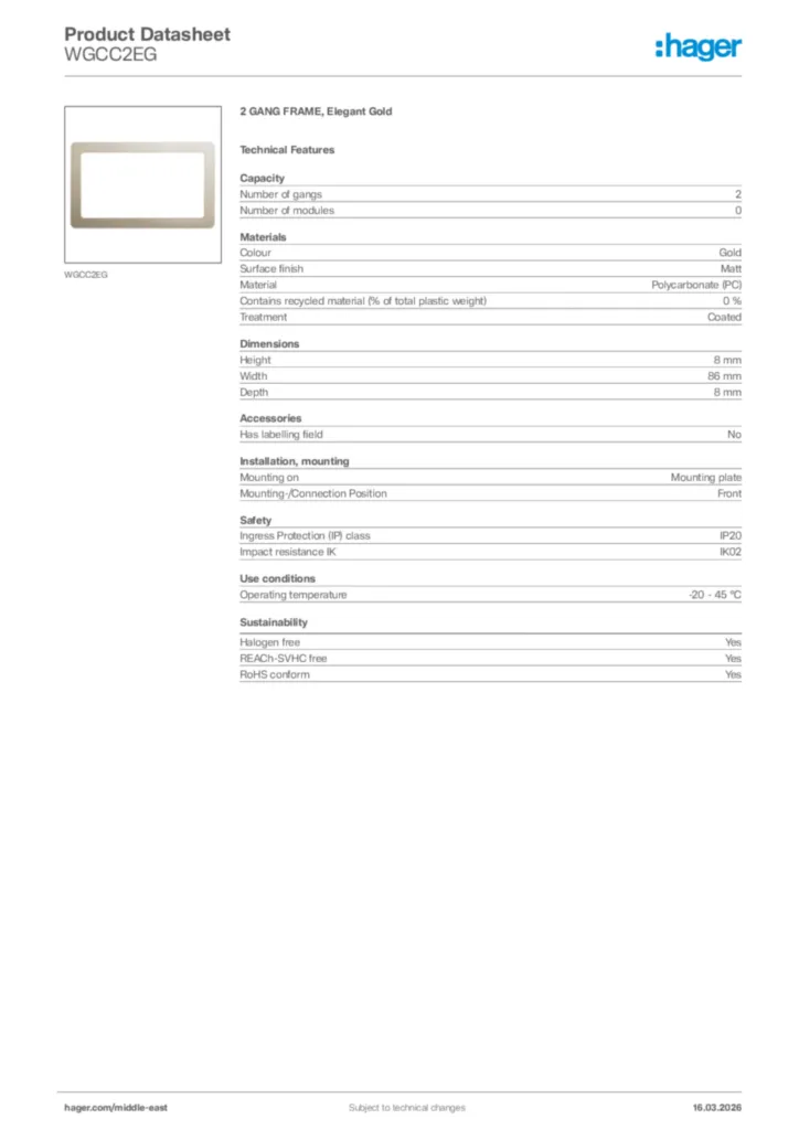 Image Hager Product data sheet WGCC2EG  | Hager
