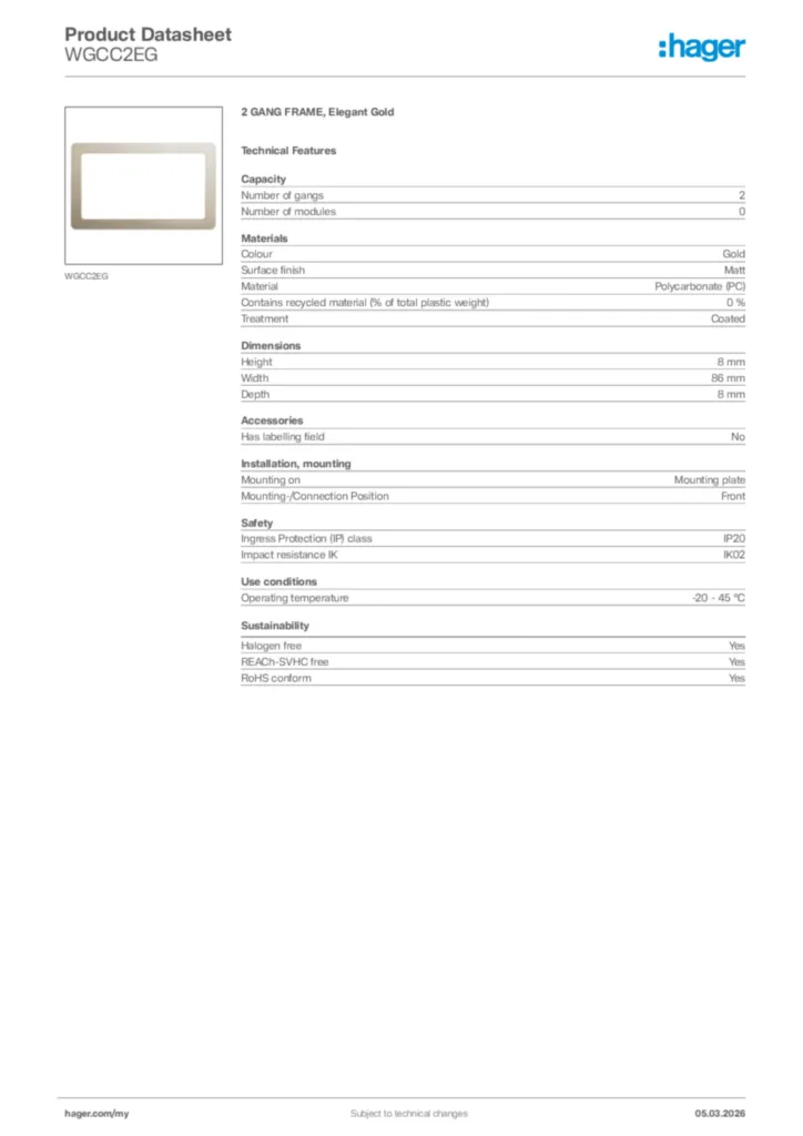 Image Hager Product data sheet WGCC2EG  | Hager