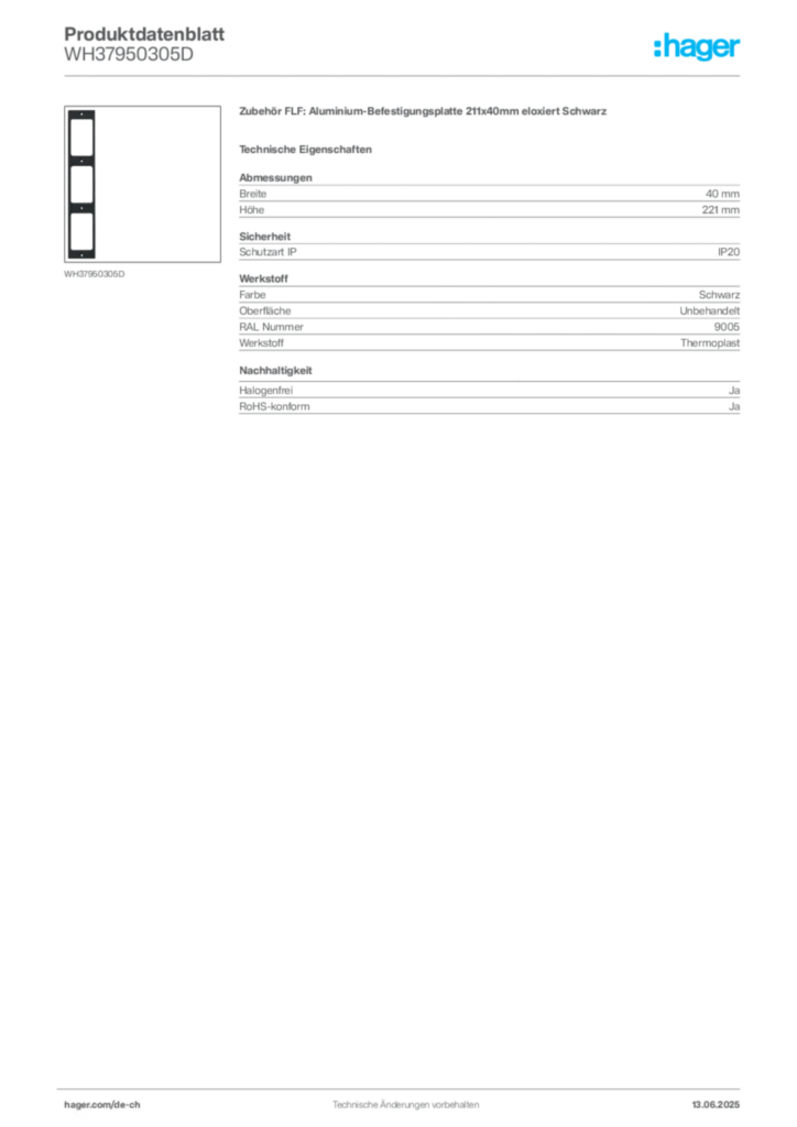 Bild Hager Produktdatenblatt WH37950305D | Hager Schweiz