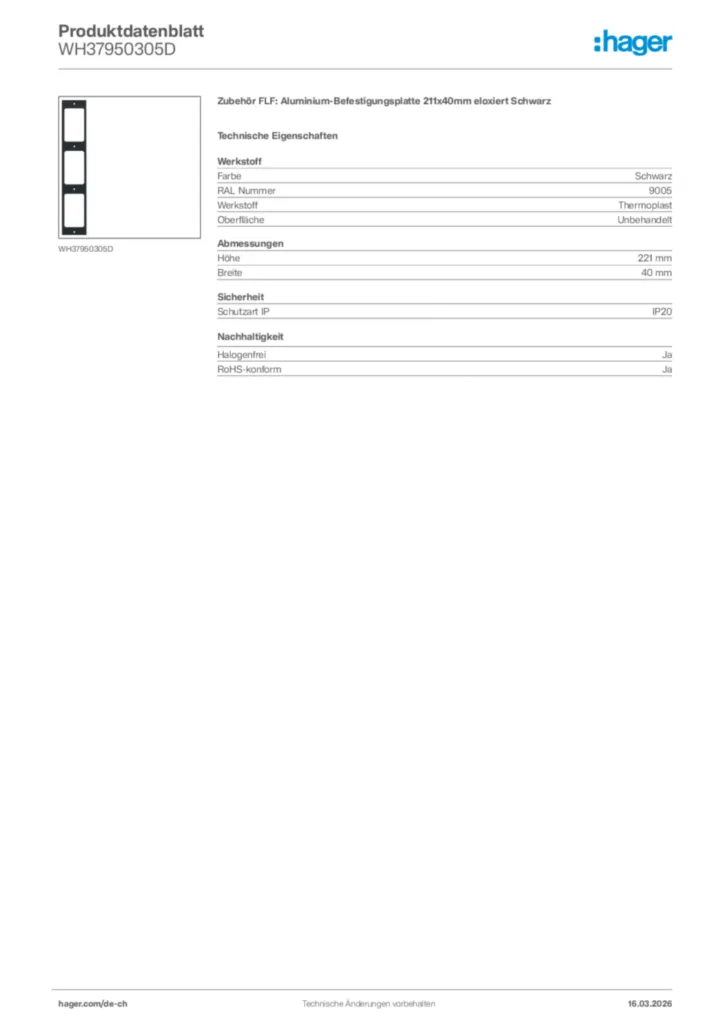 Bild Hager Produktdatenblatt WH37950305D | Hager Schweiz