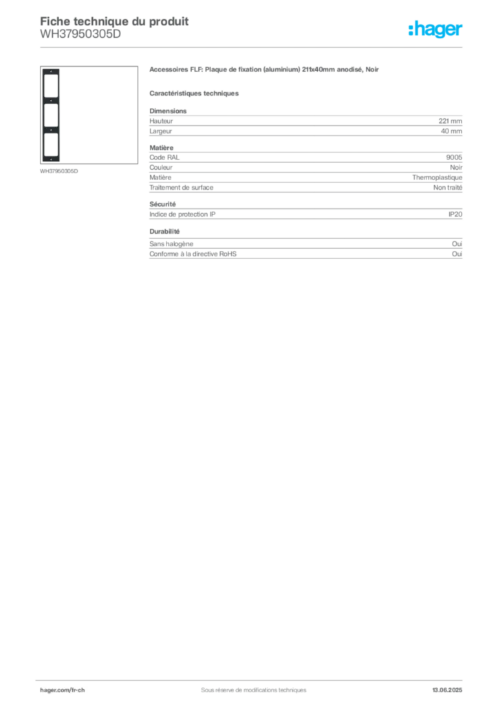 Image Hager Fiche technique du produit WH37950305D | Hager Suisse