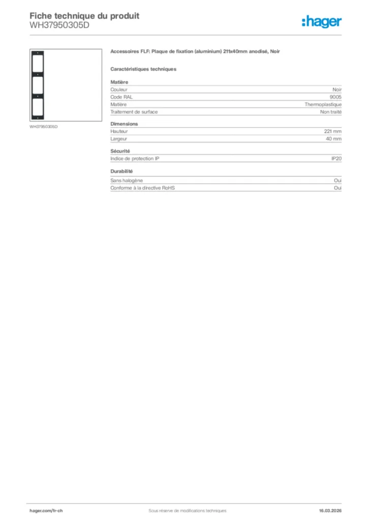 Image Hager Fiche technique du produit WH37950305D | Hager Suisse