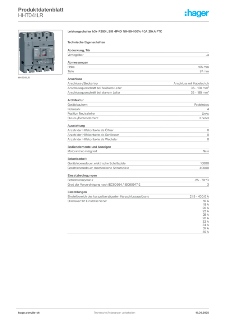 Bild Hager Produktdatenblatt HHT041LR | Hager Schweiz