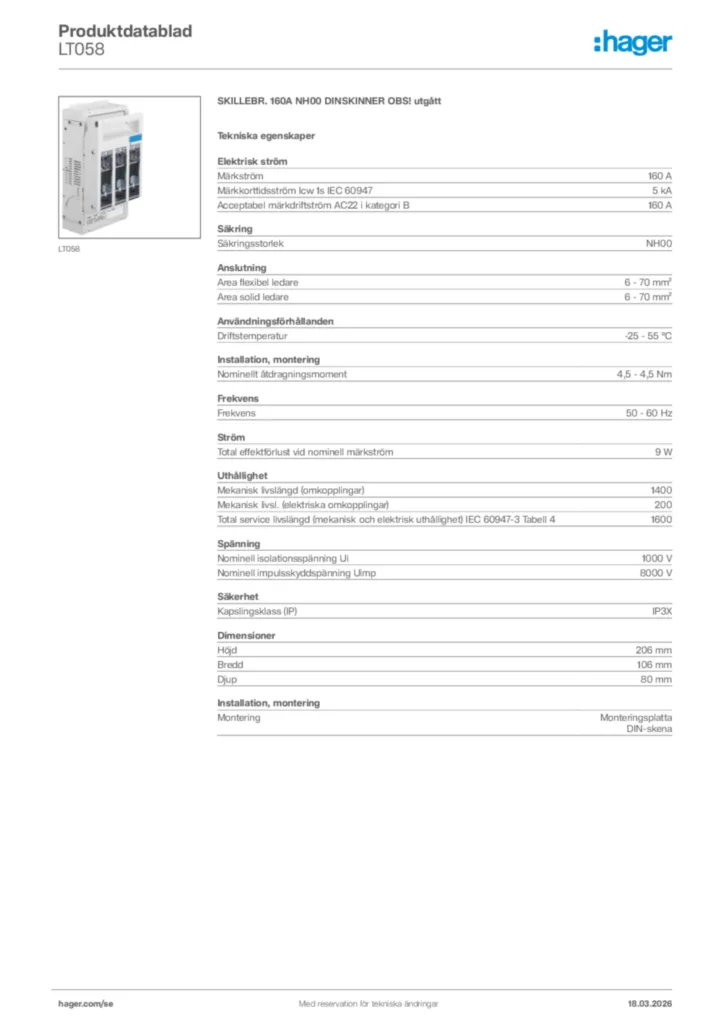 Bild Hager Produktdatablad LT058 | Hager Sverige