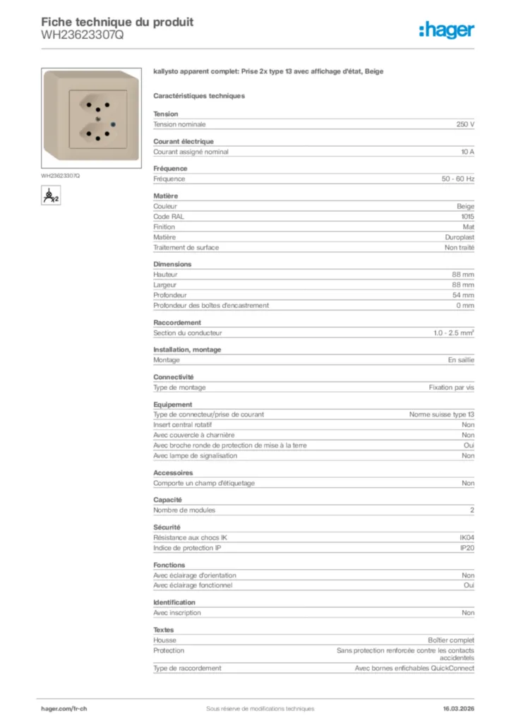 Image Hager Fiche technique du produit WH23623307Q | Hager Suisse