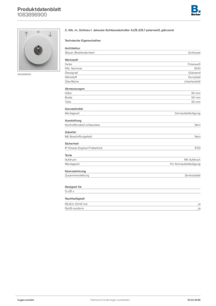 Bild Berker Produktdatenblatt 1083898900 | Hager Deutschland