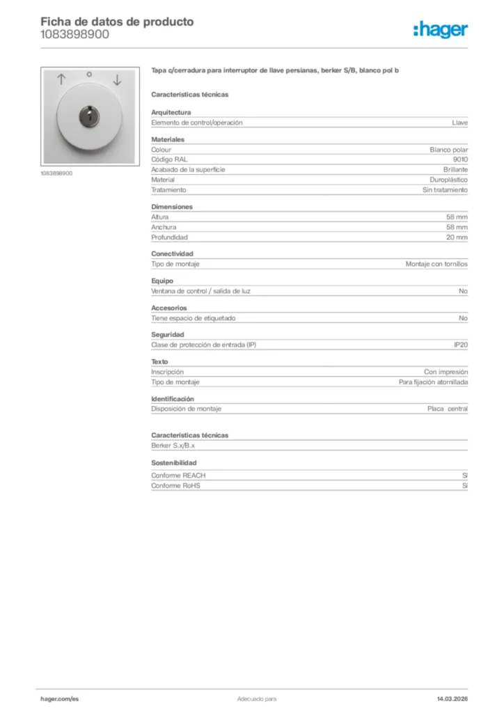 Imagen Hager Ficha de datos de producto 1083898900 | Hager España