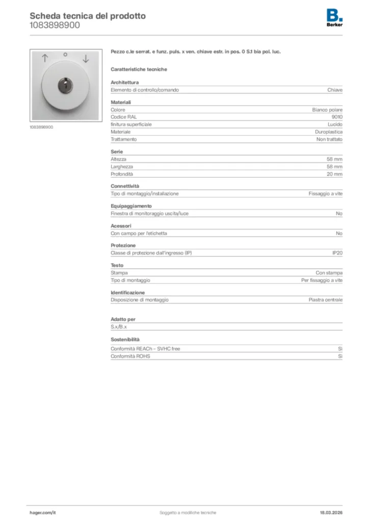 Immagine Berker Scheda tecnica del prodotto 1083898900 | Hager Italia