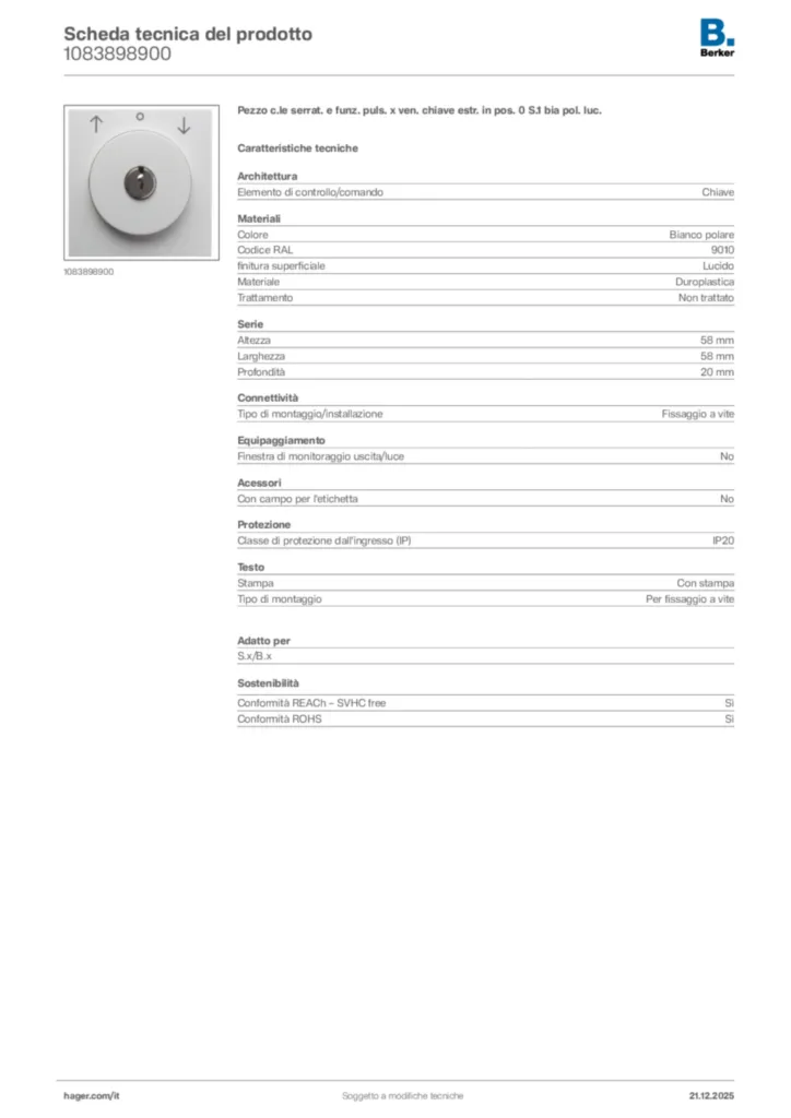 Immagine Berker Scheda tecnica del prodotto 1083898900 | Hager Italia