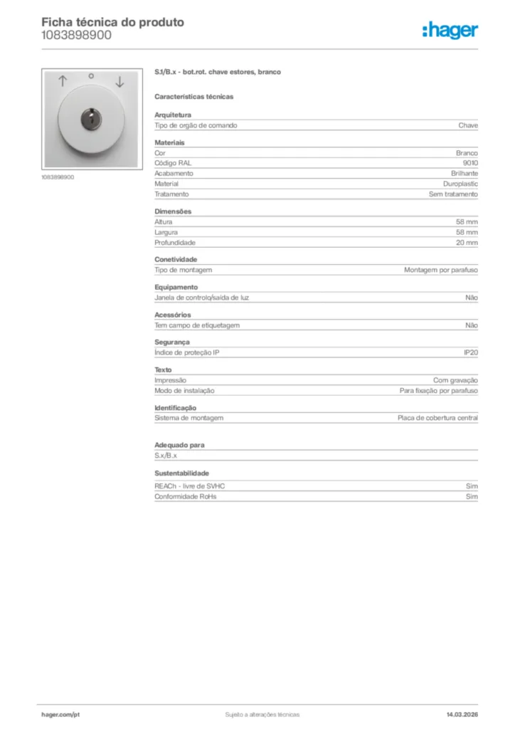 Imagem Hager Ficha técnica do produto 1083898900 | Hager Portugal