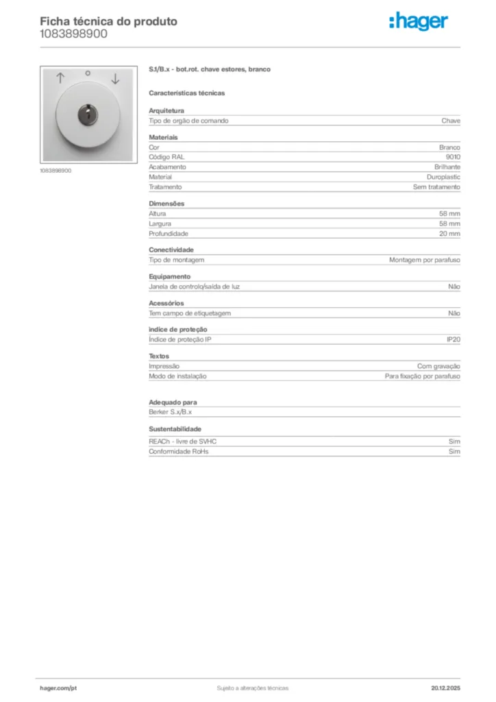 Imagem Hager Ficha técnica do produto 1083898900 | Hager Portugal