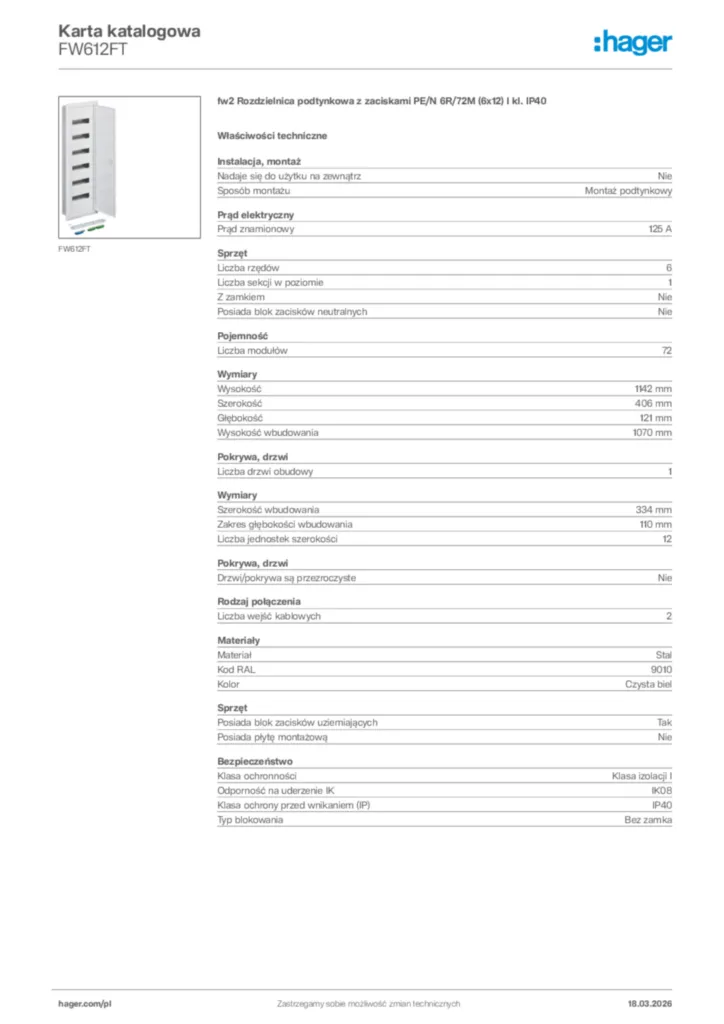 Zdjęcie Hager Karta katalogowa FW612FT | Hager Polska