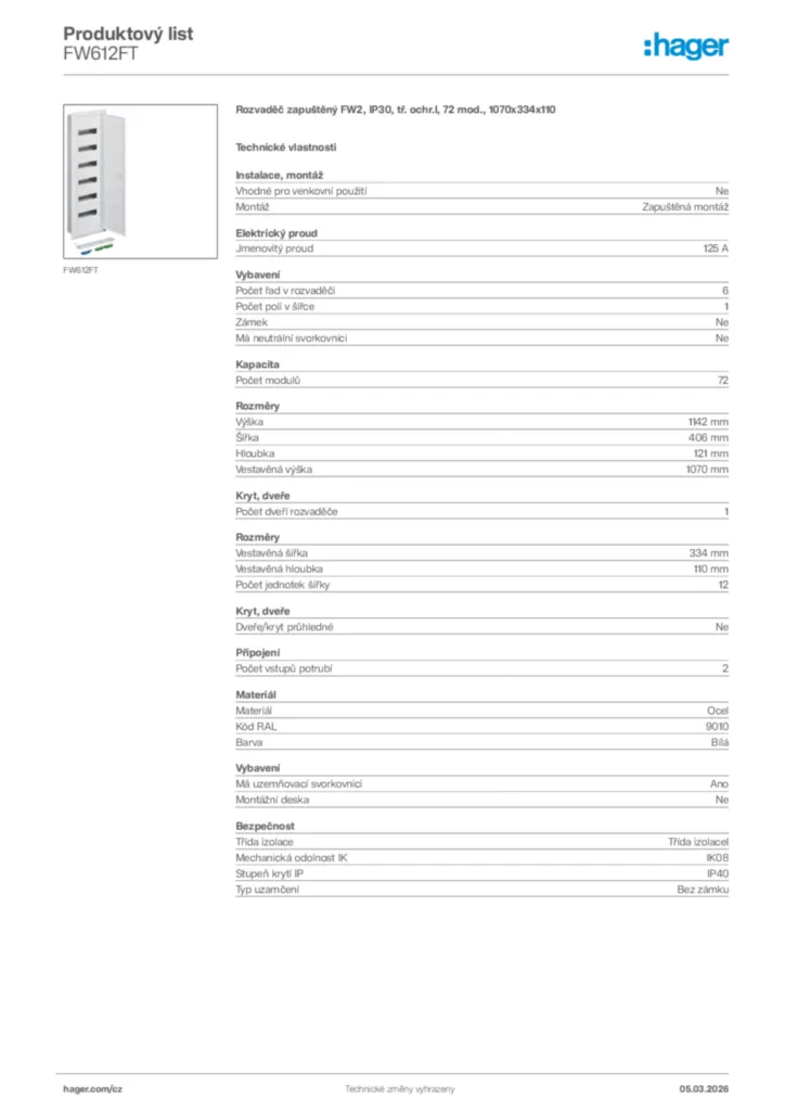 Obrázek Hager Product data sheet FW612FT | Hager