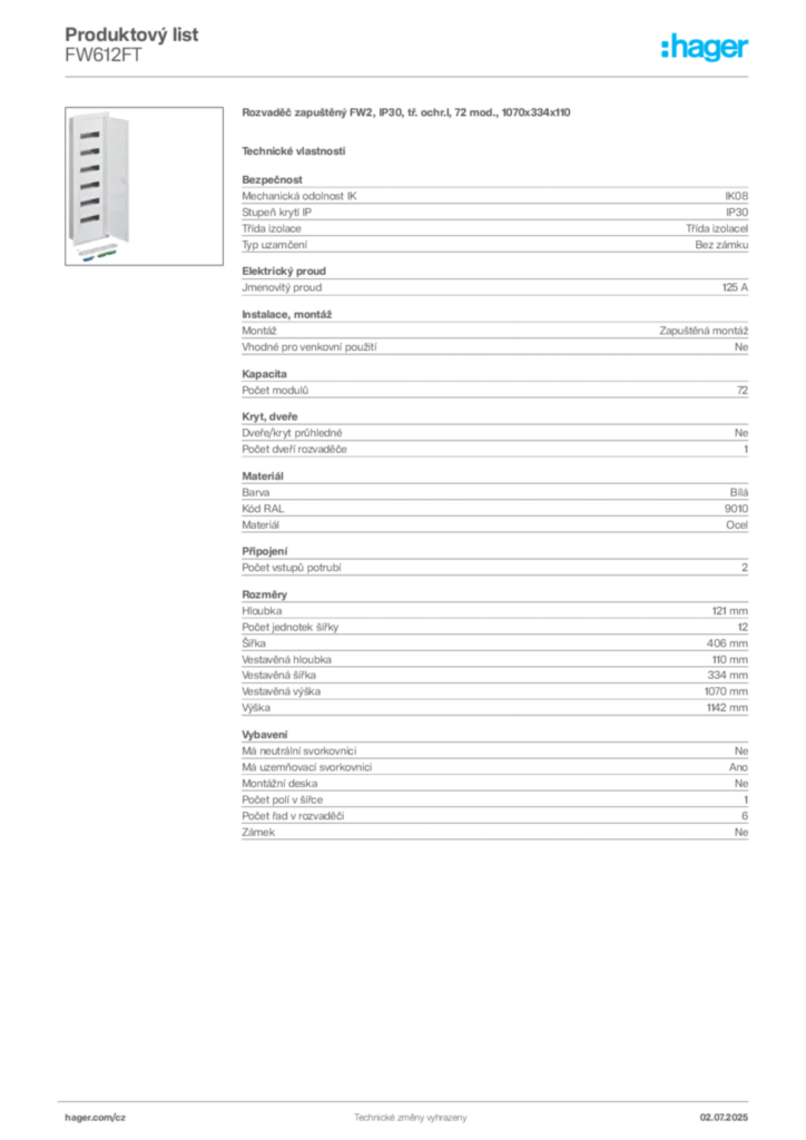 Obrázek Hager Produktový list FW612FT | Hager