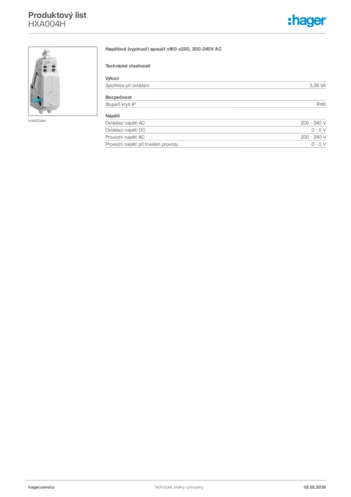 Obrázek Hager Product data sheet HXA004H | Hager