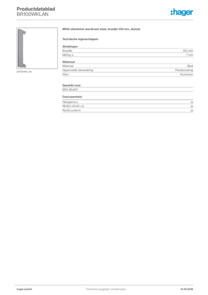 Afbeelding Hager Productdatablad BR100WKLAN | Hager Nederland