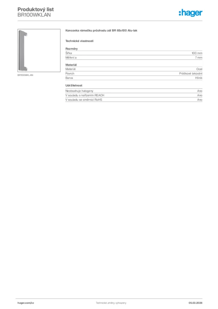 Obrázek Hager Product data sheet BR100WKLAN | Hager