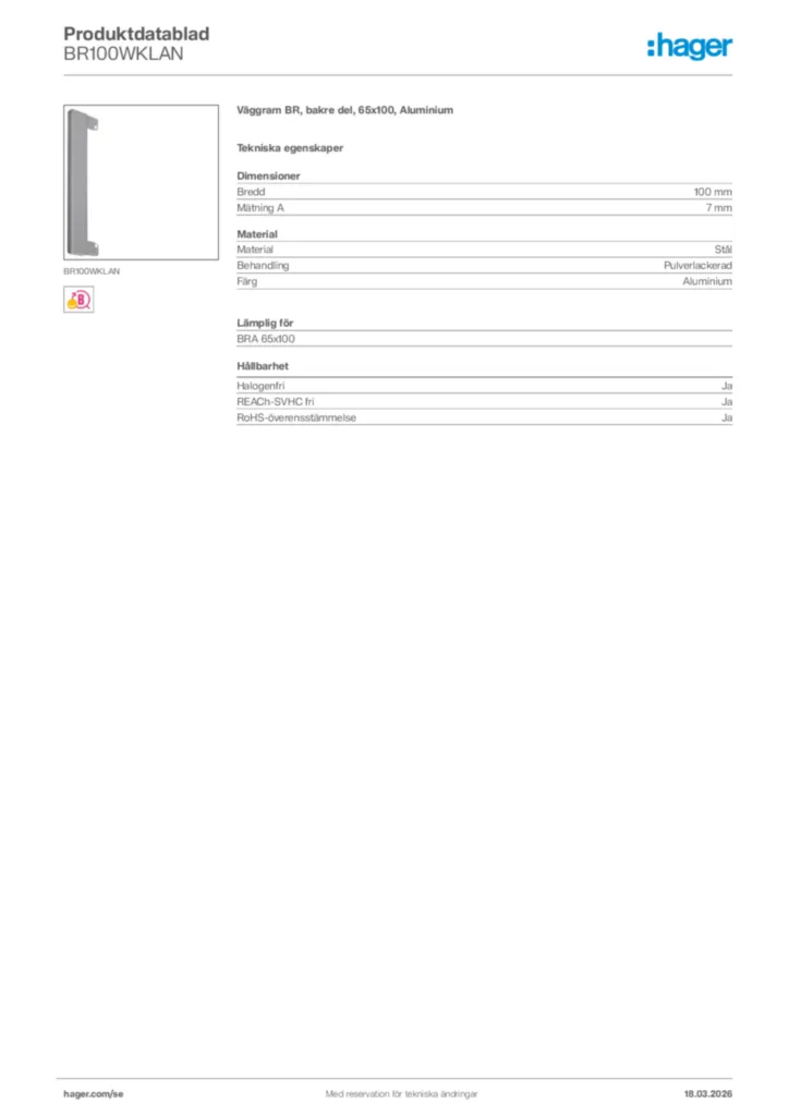 Bild Hager Produktdatablad BR100WKLAN | Hager Sverige