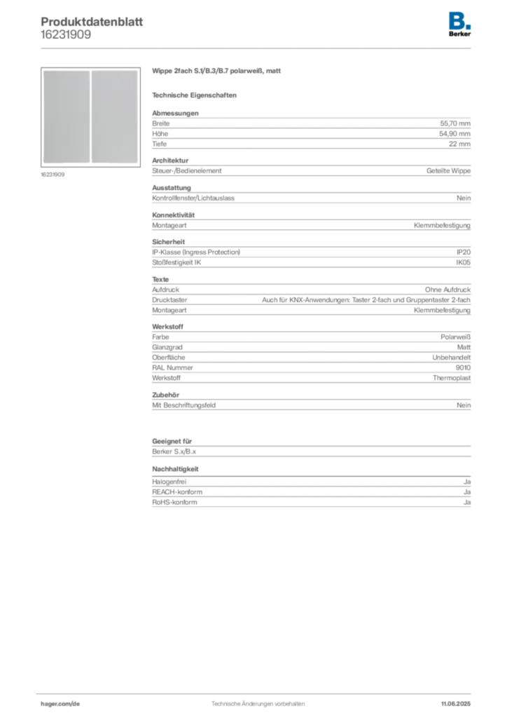 Berker Produktdatenblatt 16231909