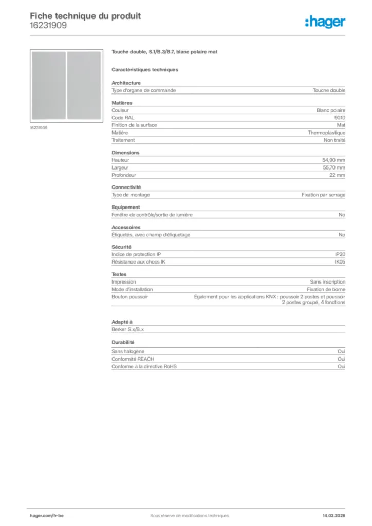 Image Hager Fiche technique du produit 16231909 | Hager Belgique