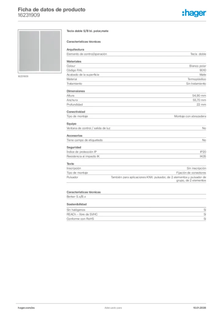 Imagen Hager Ficha de datos de producto 16231909 | Hager España