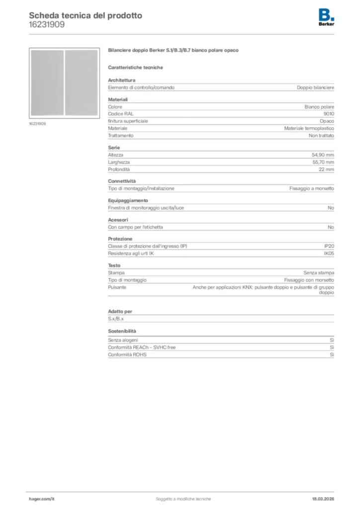 Immagine Berker Scheda tecnica del prodotto 16231909 | Hager Italia