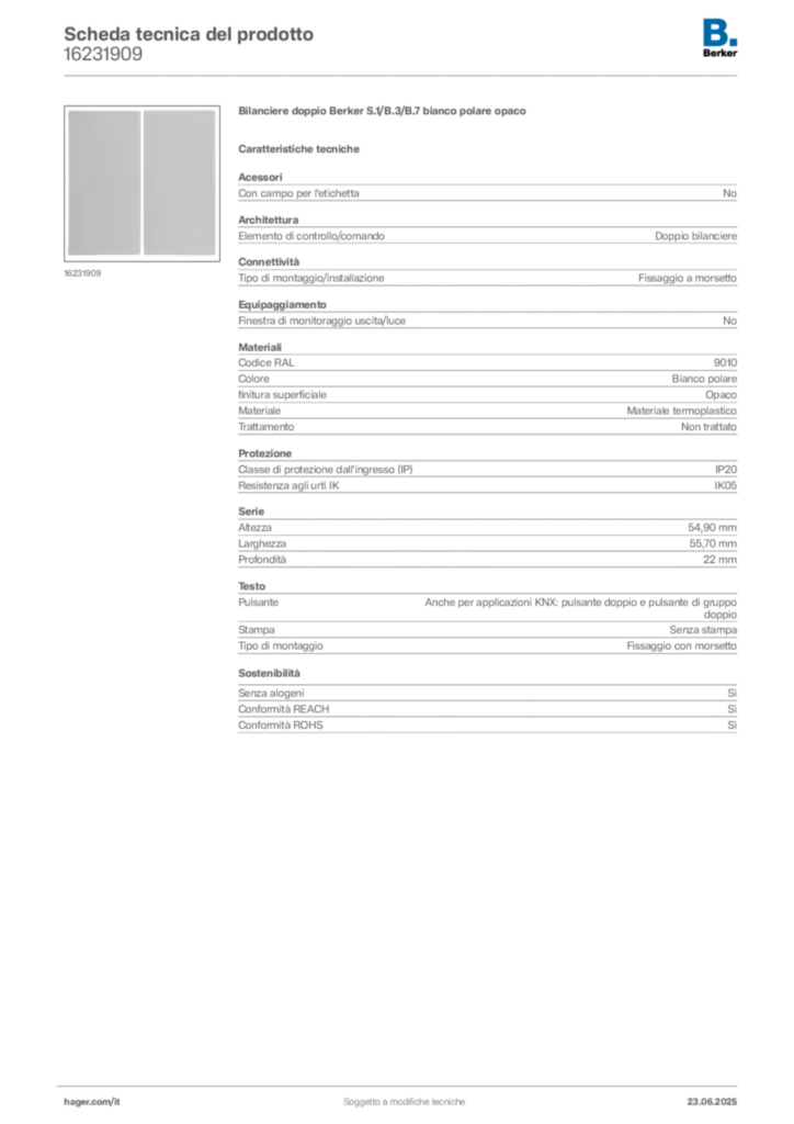 Immagine Berker Scheda tecnica del prodotto 16231909 | Hager Italia