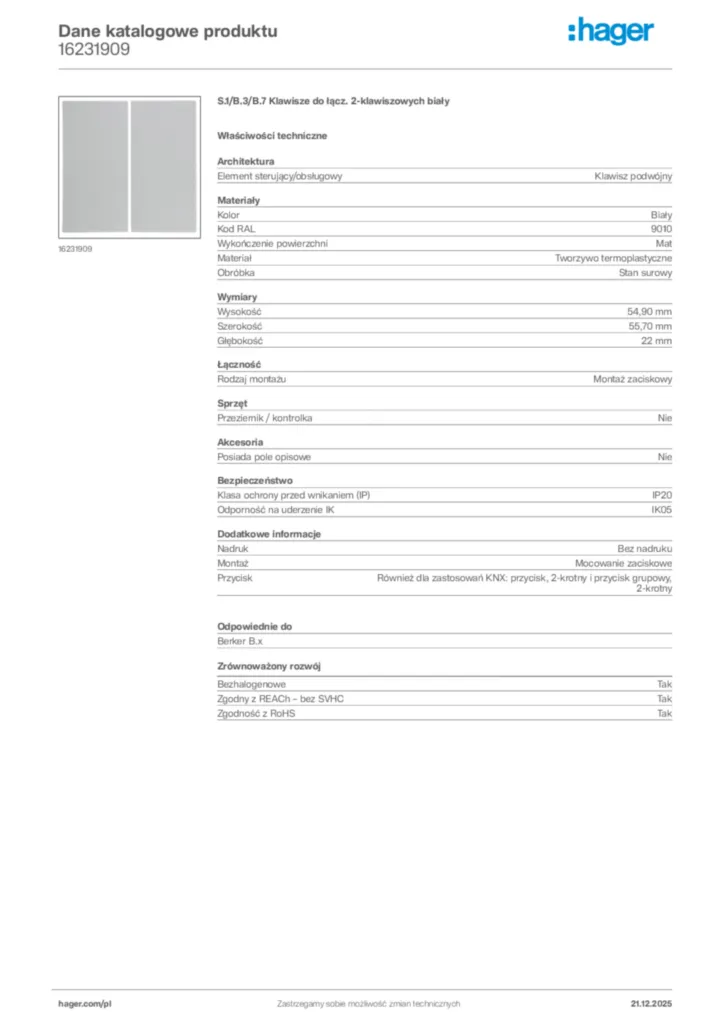 Zdjęcie Hager Dane katalogowe produktu 16231909 | Hager Polska