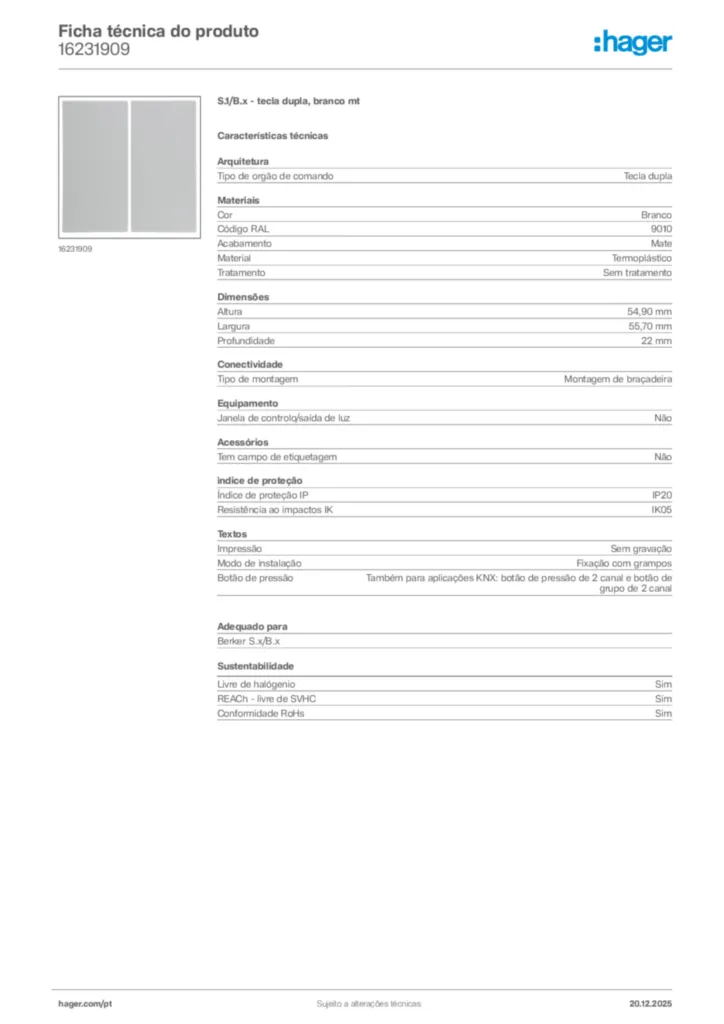 Imagem Hager Ficha técnica do produto 16231909 | Hager Portugal