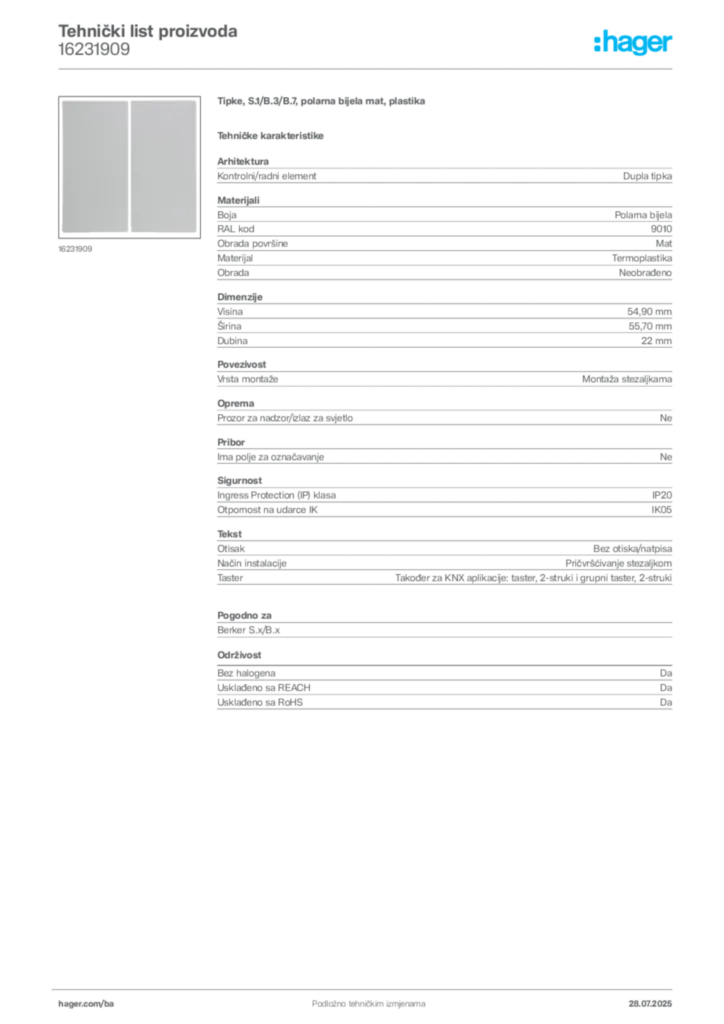 Slika Hager Product data sheet 16231909  | Hager
