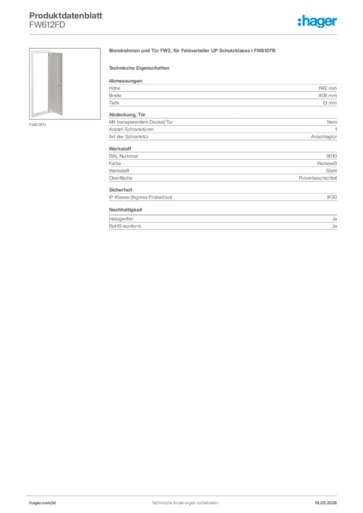 Bild Hager Produktdatenblatt FW612FD | Hager Deutschland