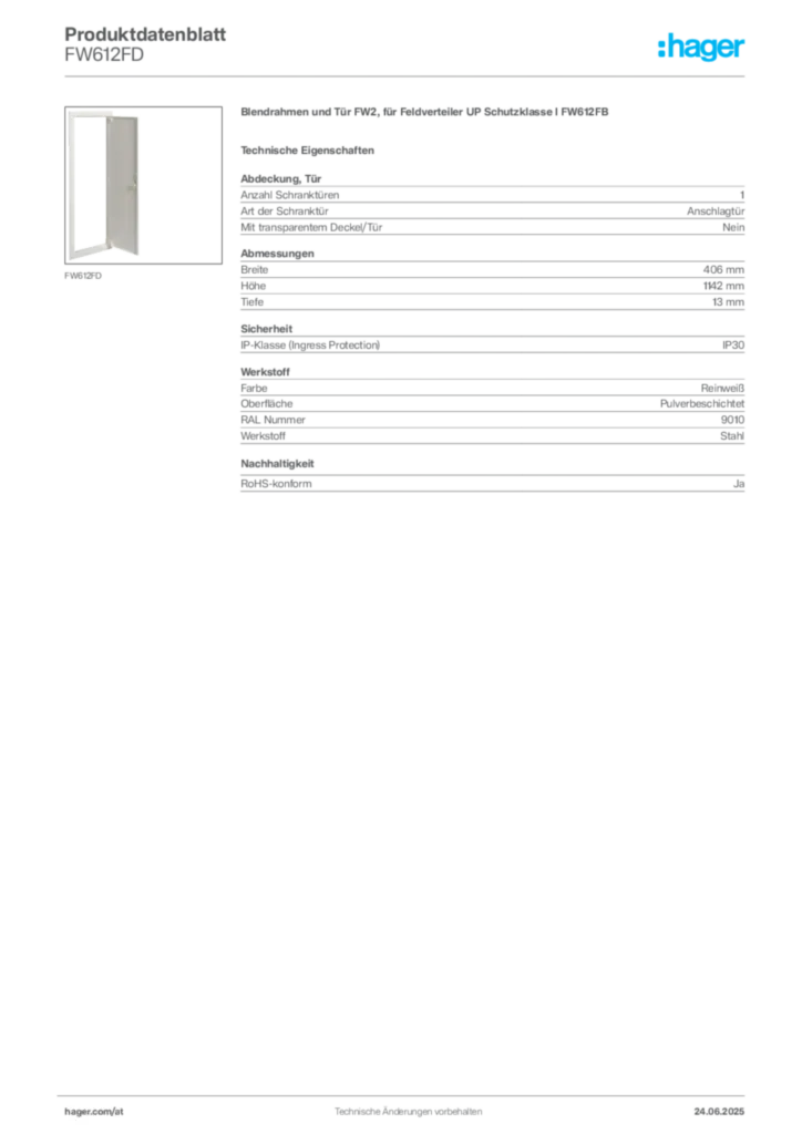 Bild Hager Produktdatenblatt FW612FD | Hager Deutschland