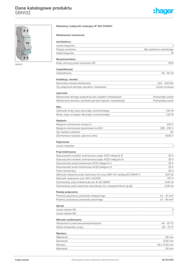 Zdjęcie Hager Dane katalogowe produktu SBN132 | Hager Polska