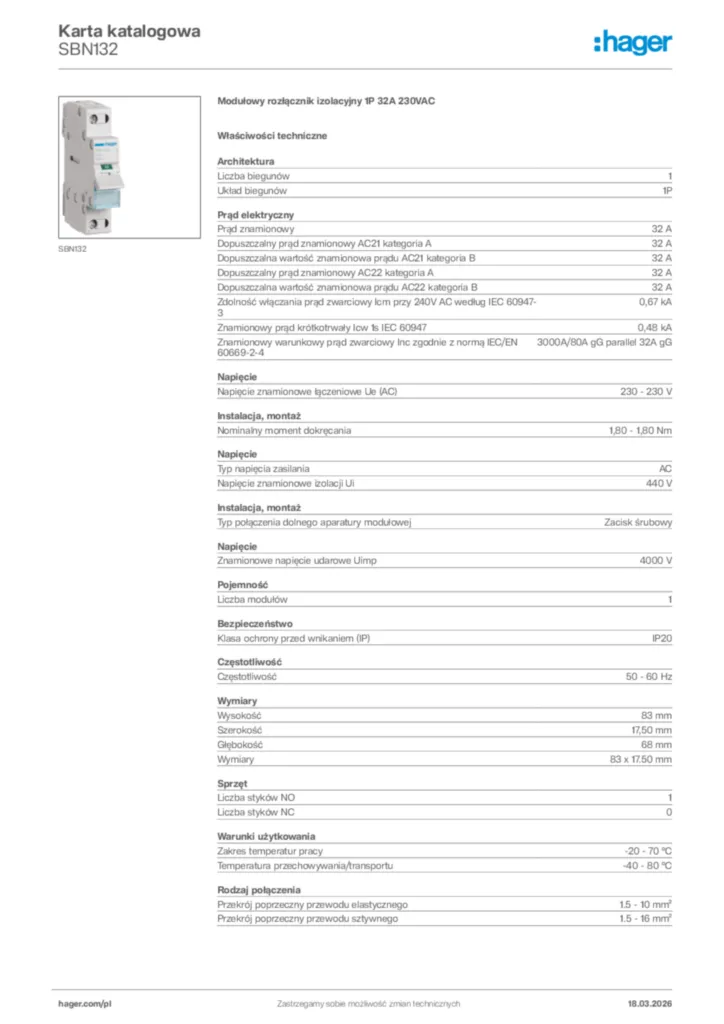 Zdjęcie Hager Karta katalogowa SBN132 | Hager Polska