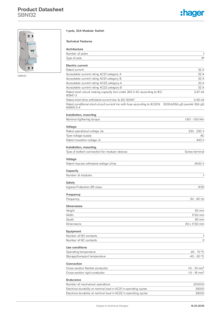Image Hager Product data sheet SBN132  | Hager Africa