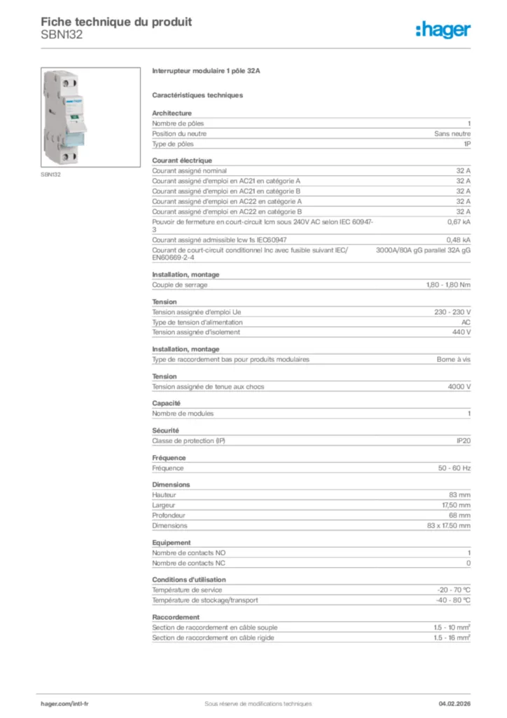 Image Hager Fiche technique du produit SBN132 | Hager Afrique