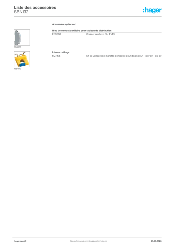 Image Hager Fiche technique du produit SBN132 | Hager France