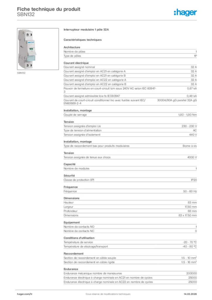 Image Hager Fiche technique du produit SBN132 | Hager France