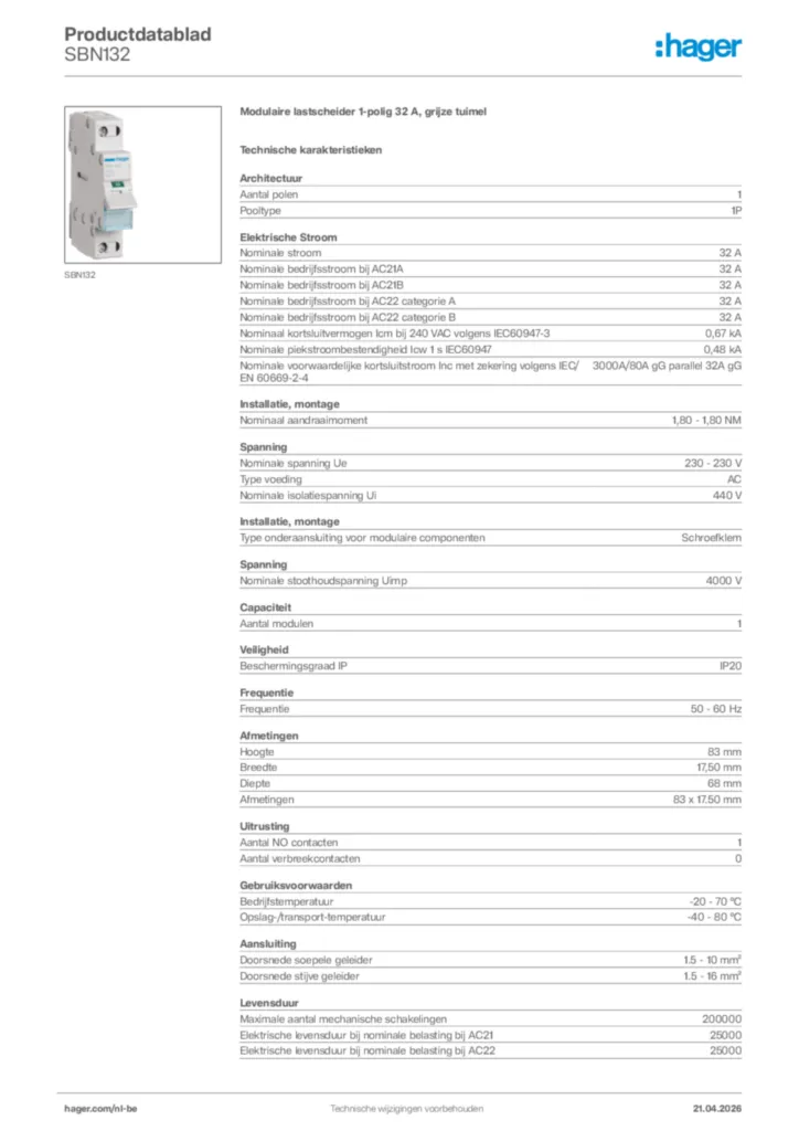 Afbeelding Hager Productdatablad SBN132 | Hager Belgium