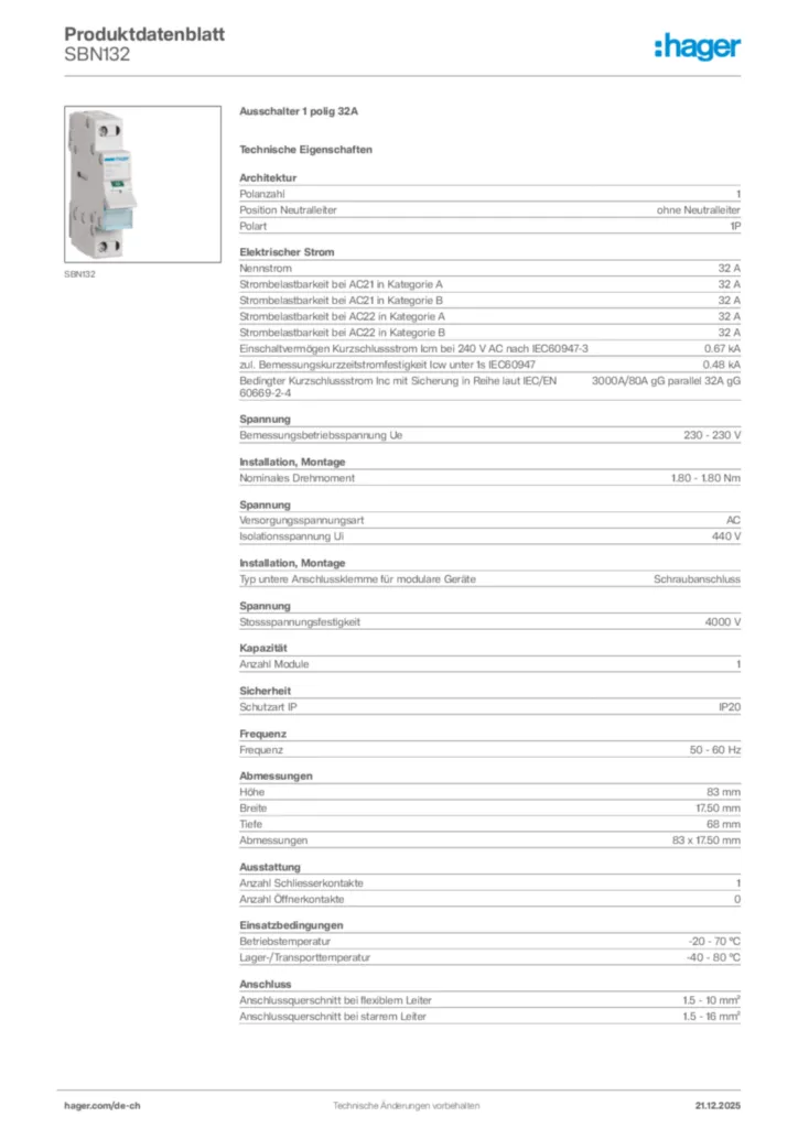 Bild Hager Produktdatenblatt SBN132 | Hager Schweiz